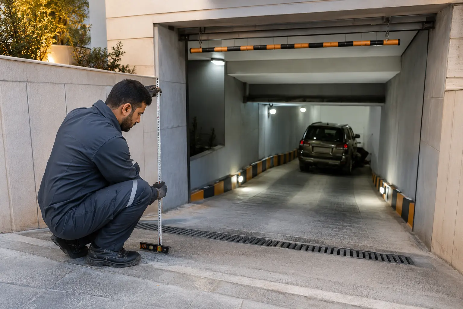 Recovery technician measuring an Abu Dhabi basement entrance before vehicle recovery