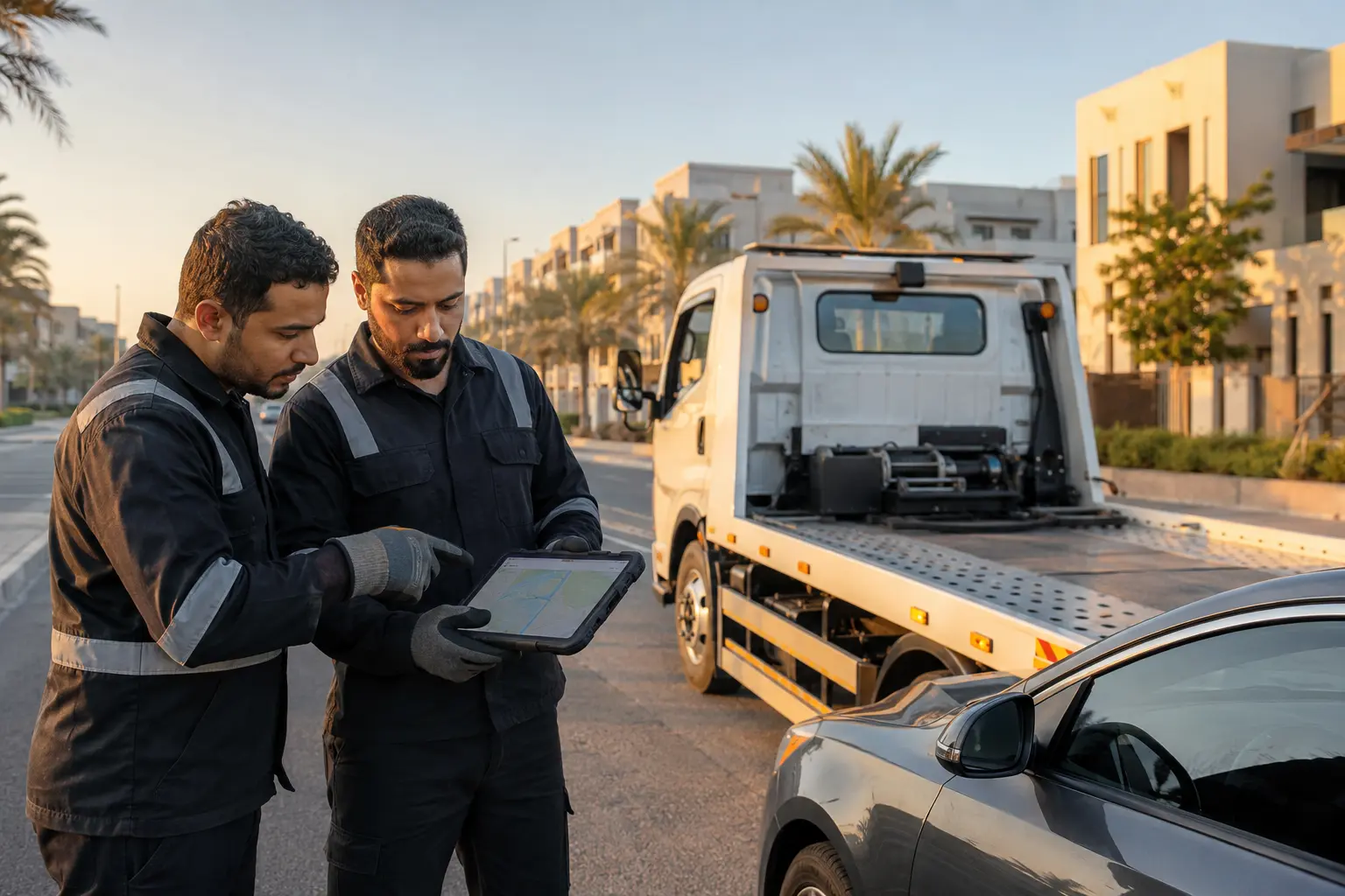 Abu Dhabi recovery team assessing a live dispatch route beside a flatbed truck