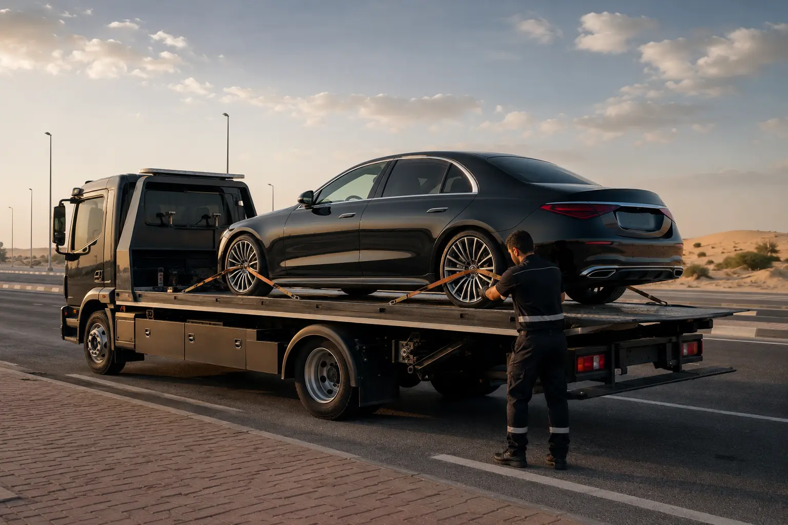 Vehicle secured on a flatbed for inter-emirate transport from Abu Dhabi