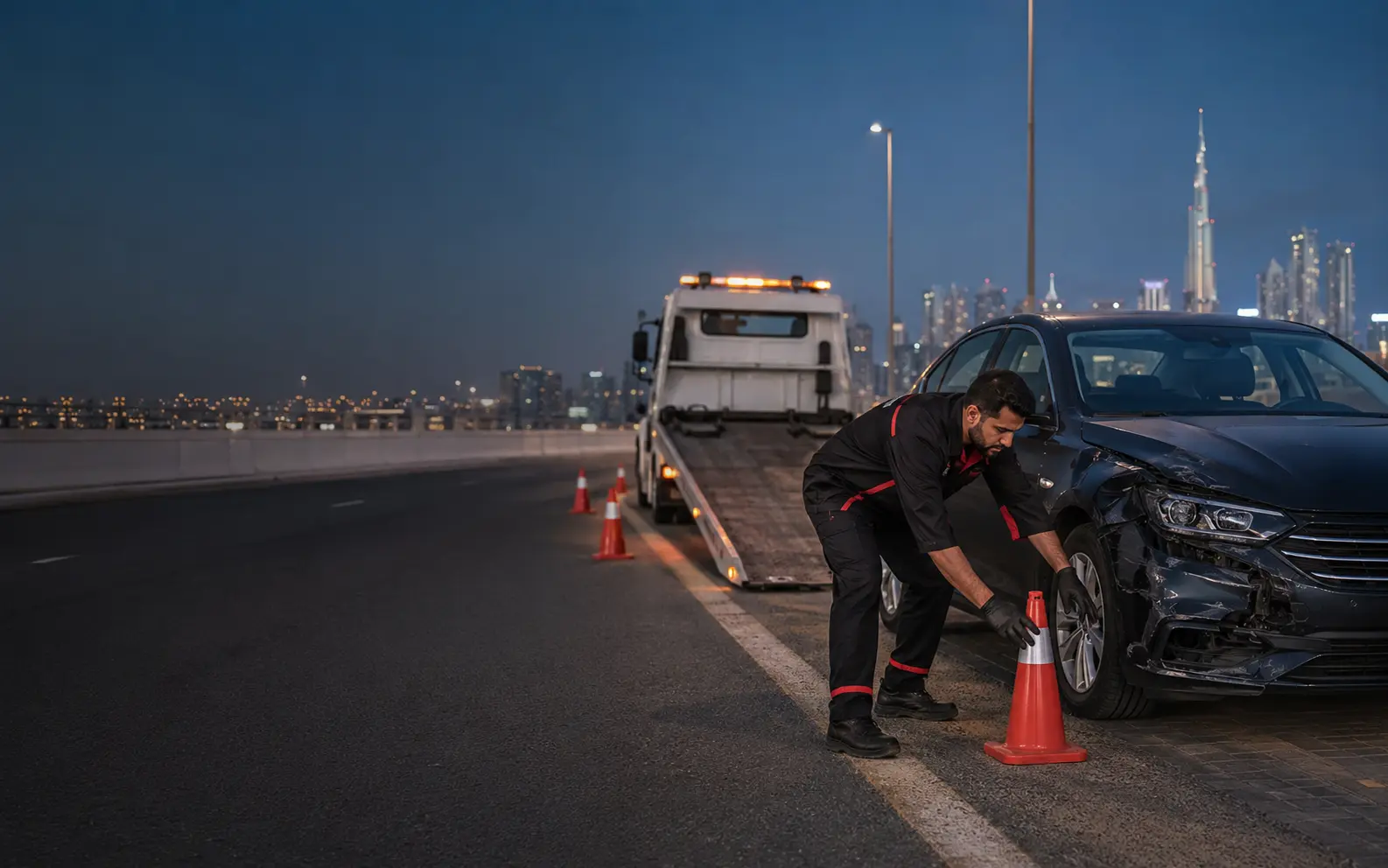 Accident recovery technician securing a damaged car beside a flatbed truck in Dubai