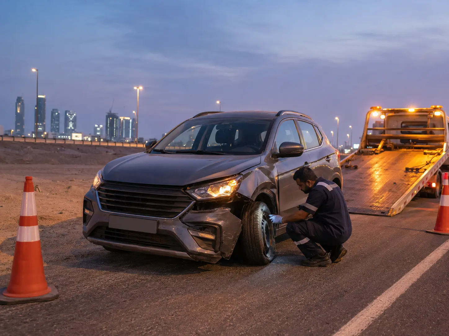 Recovery operator assessing wheel and bumper damage before loading an accident-damaged SUV