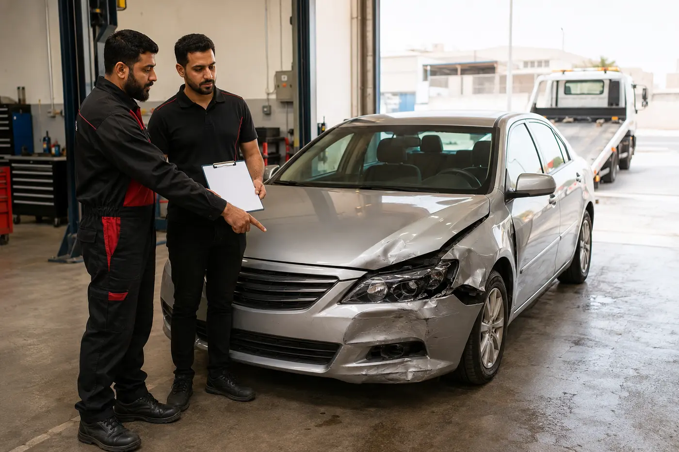 Recovery technician handing a collision-damaged vehicle to an Al Quoz workshop