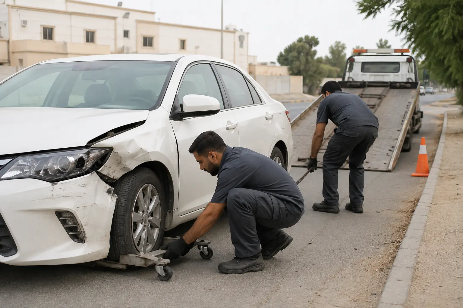 Recovery team positioning a wheel skate on an accident-damaged car in Ajman