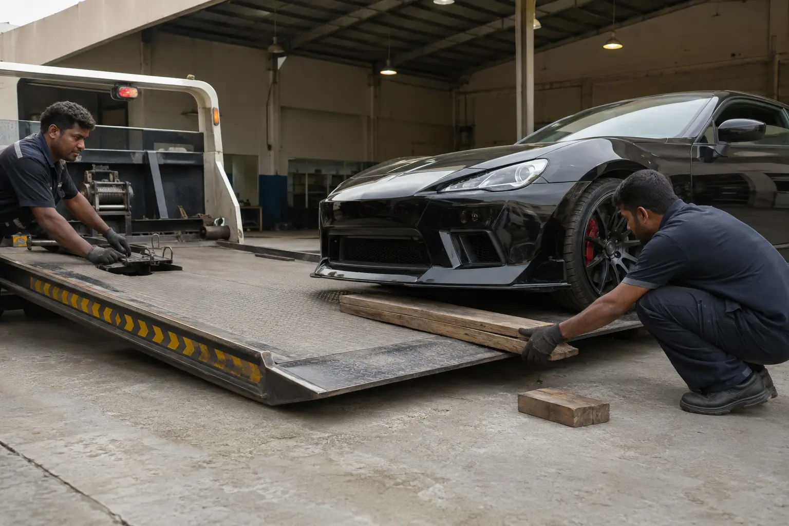Technicians protecting low-clearance bodywork during flatbed loading in Ajman