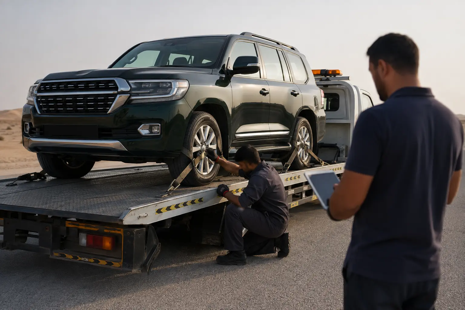 تثبيت سيارة على سطحة قبل نقلها من عجمان إلى وجهة أخرى