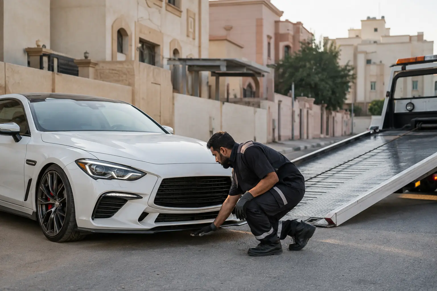 Technician checking a low-clearance car before flatbed loading in Ajman