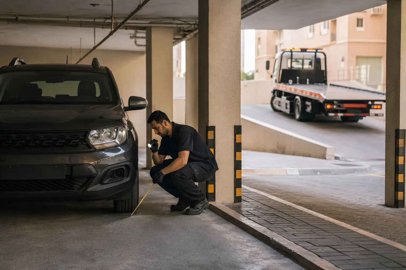 Recovery technician assessing restricted parking access in Ajman