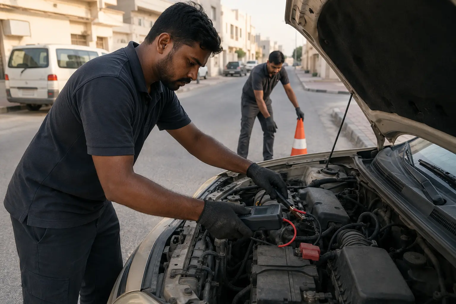 Technician testing a vehicle battery during roadside assistance in Ajman