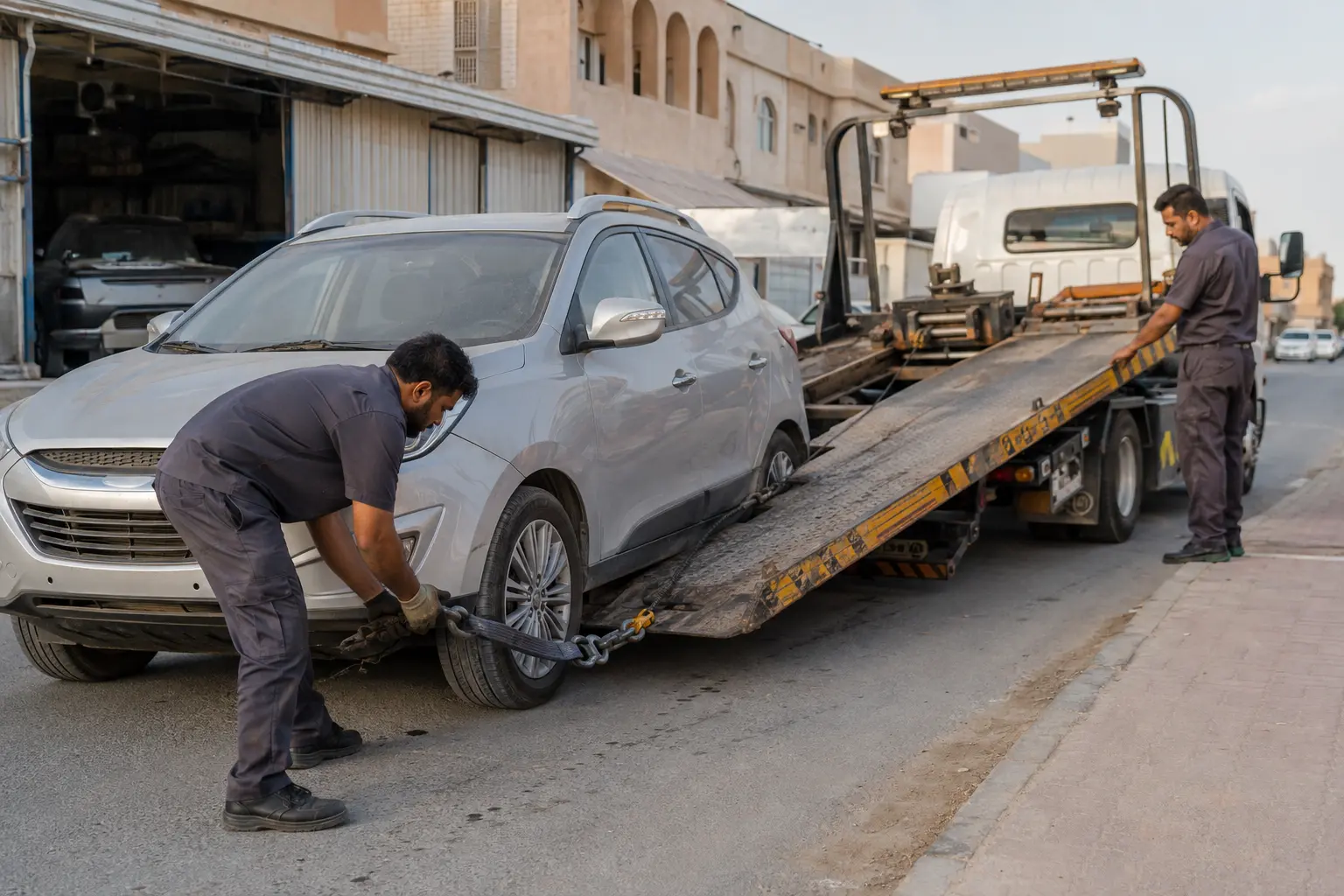 Recovery team attaching a winch bridle before towing an SUV in Ajman