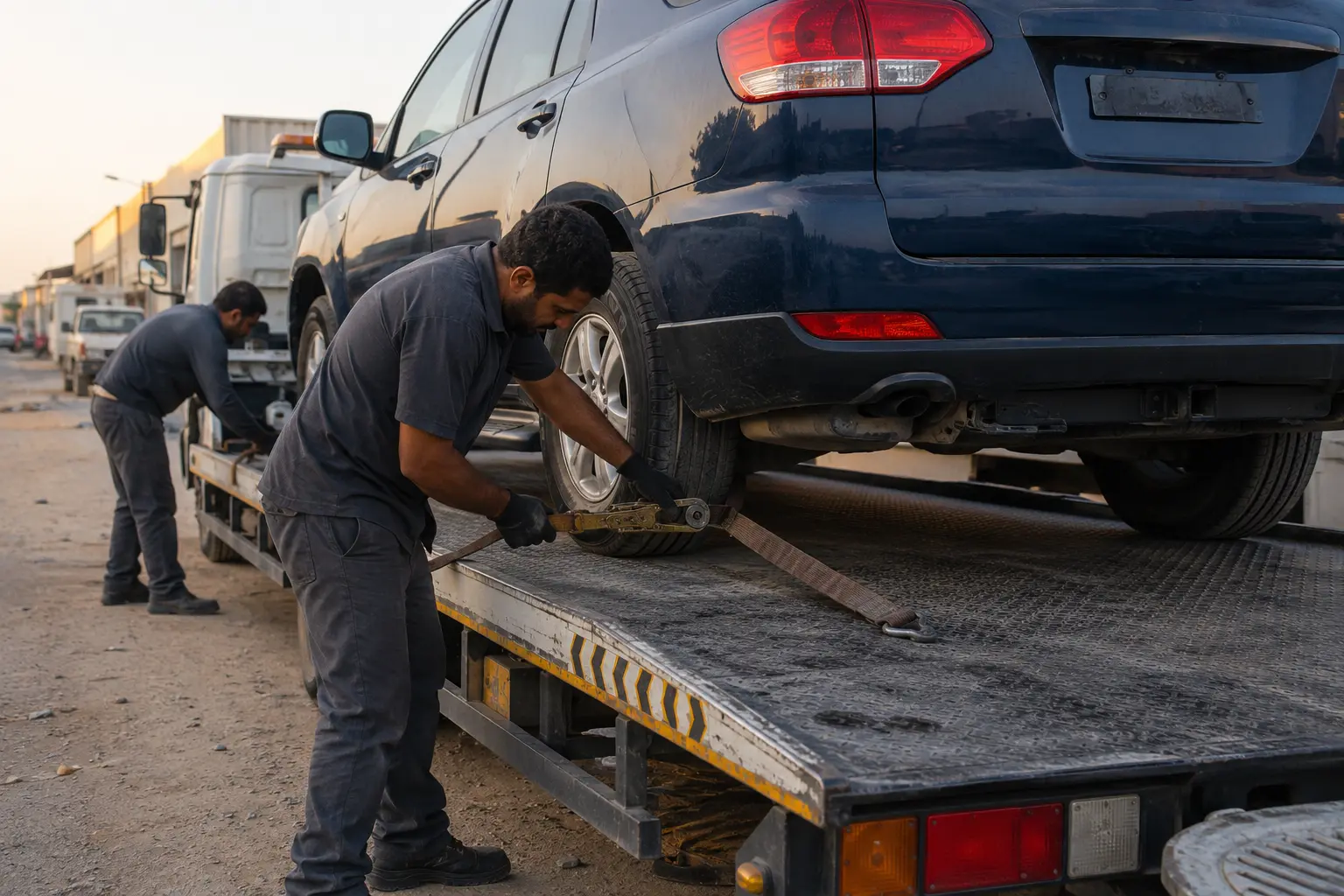 Recovery operators securing an SUV wheel strap on a flatbed in Ajman