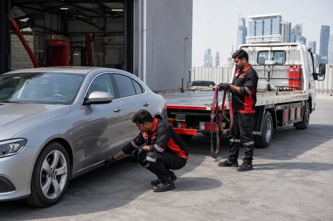 Recovery technicians preparing a car for safe loading at an Al Quoz workshop