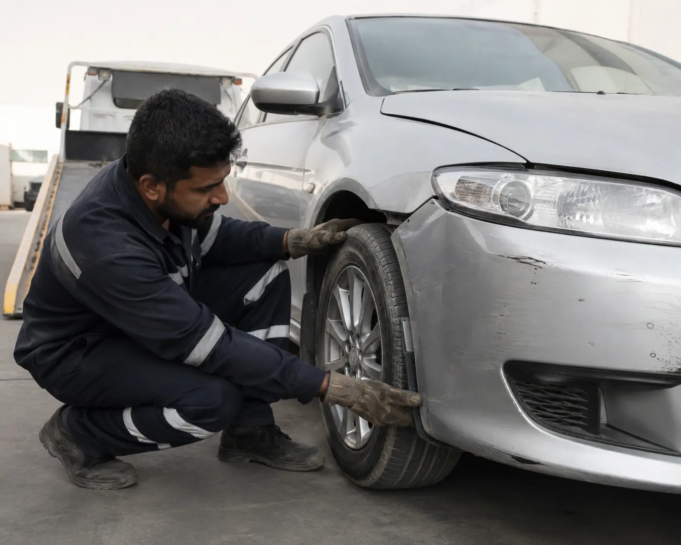 Recovery operator checking an auction vehicle wheel and suspension before loading
