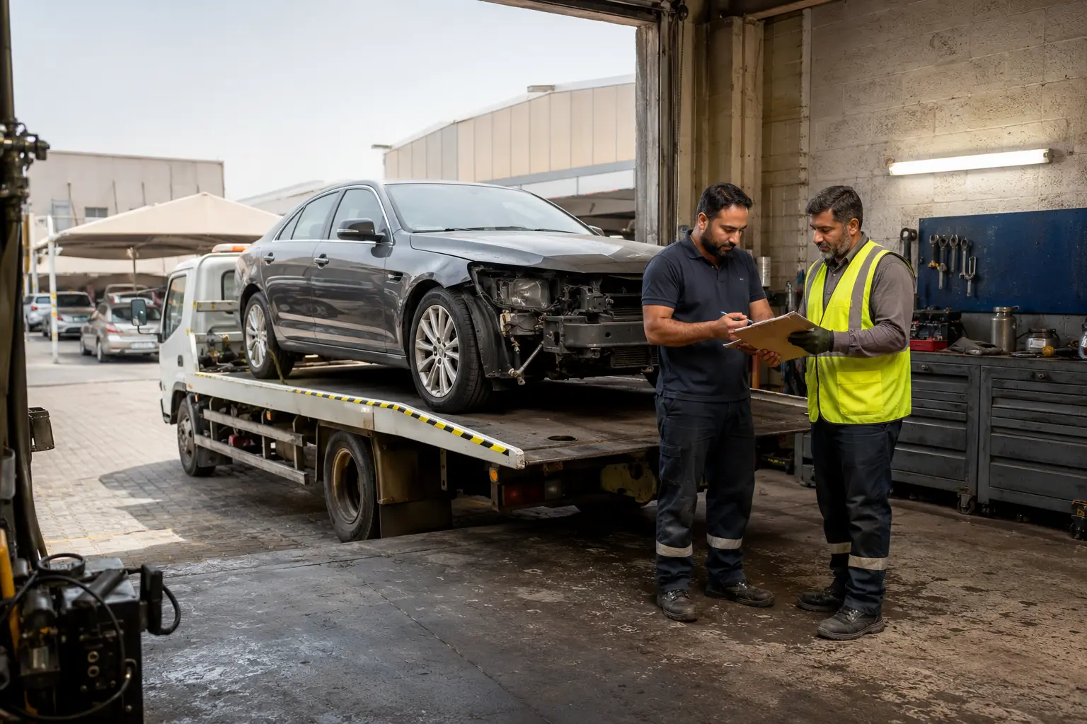 Recovery operator and workshop receiver checking an auction vehicle handover