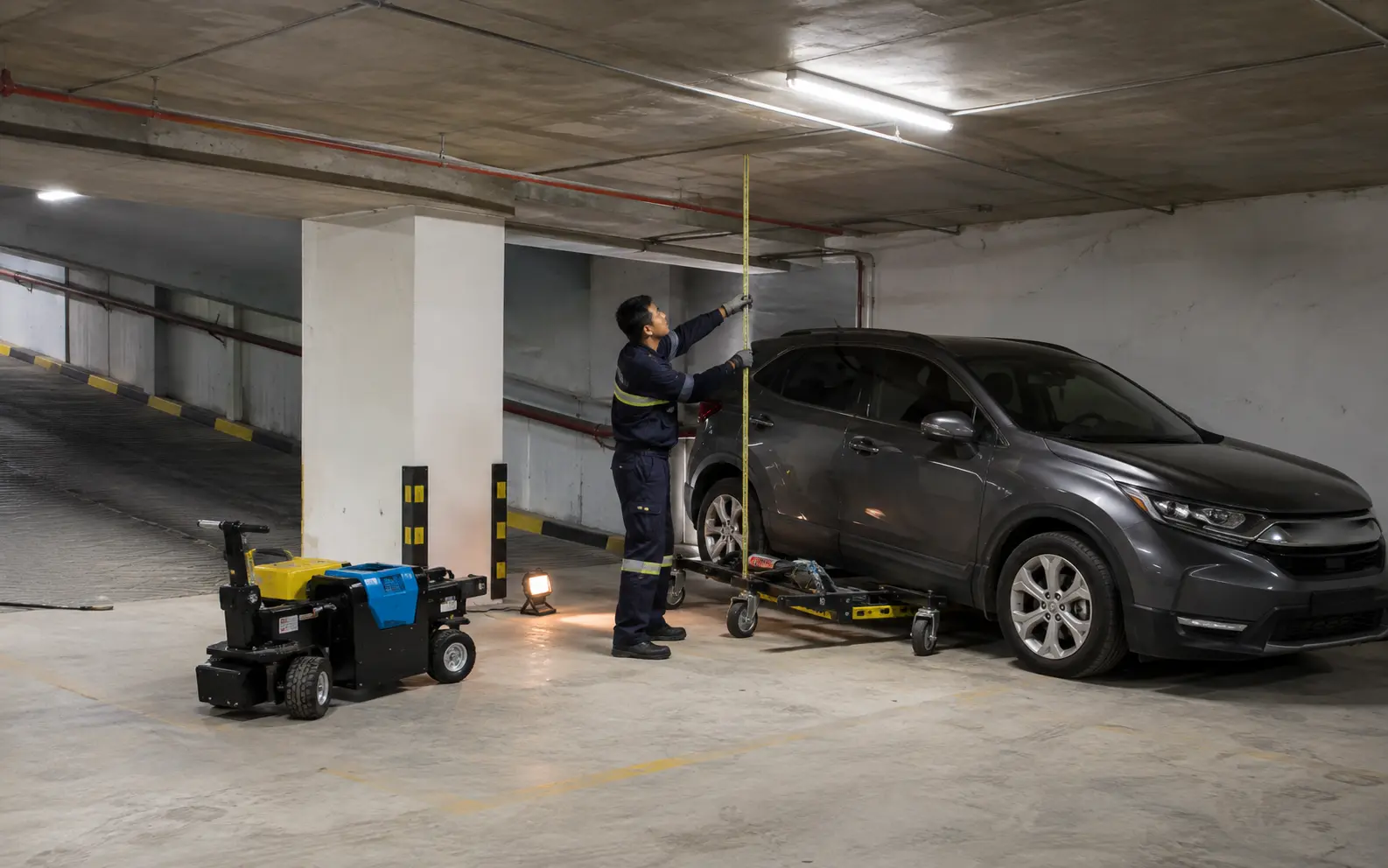 Technician measuring basement clearance beside an immobilized vehicle