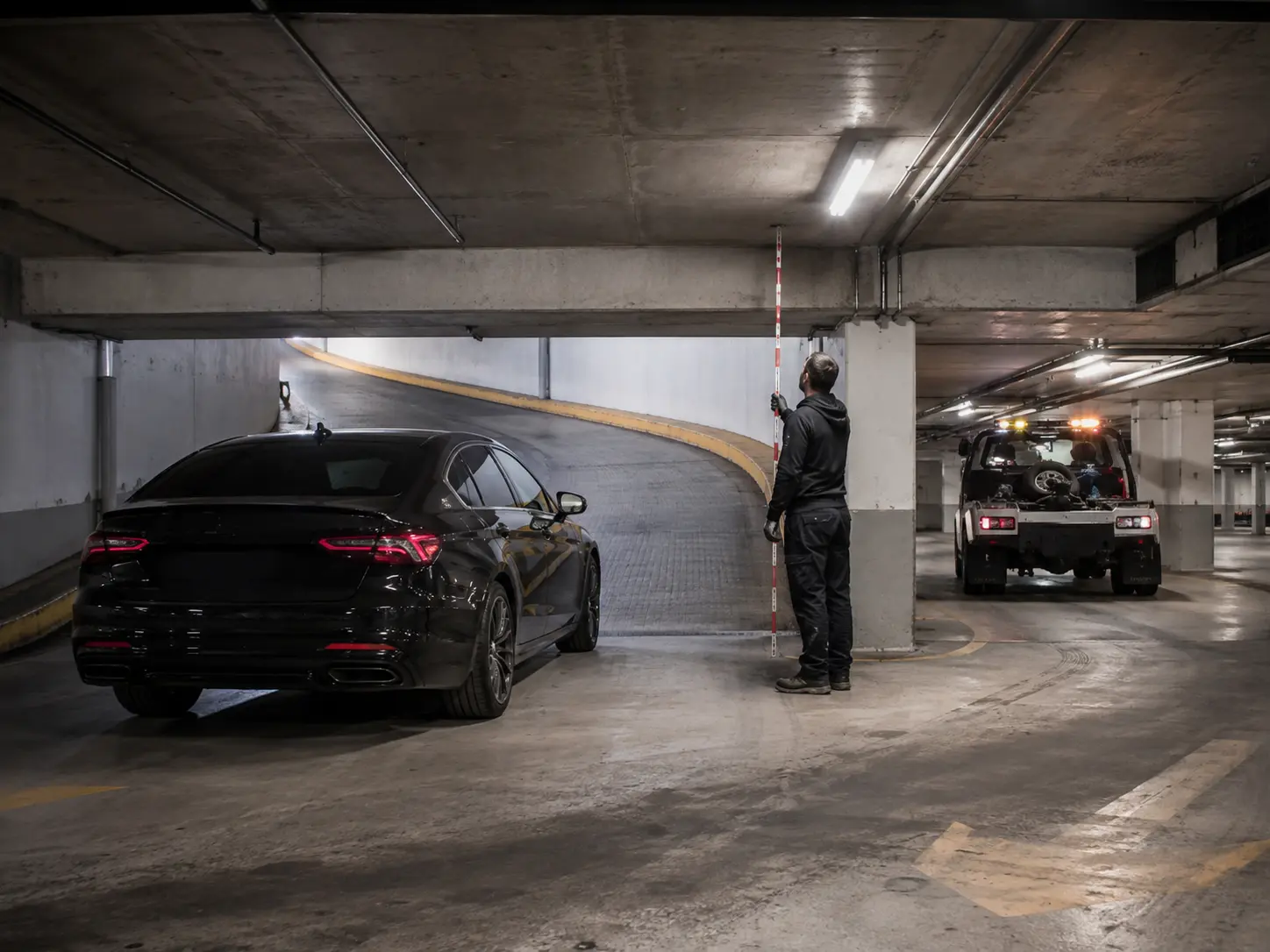 Operator measuring basement clearance before luxury car recovery