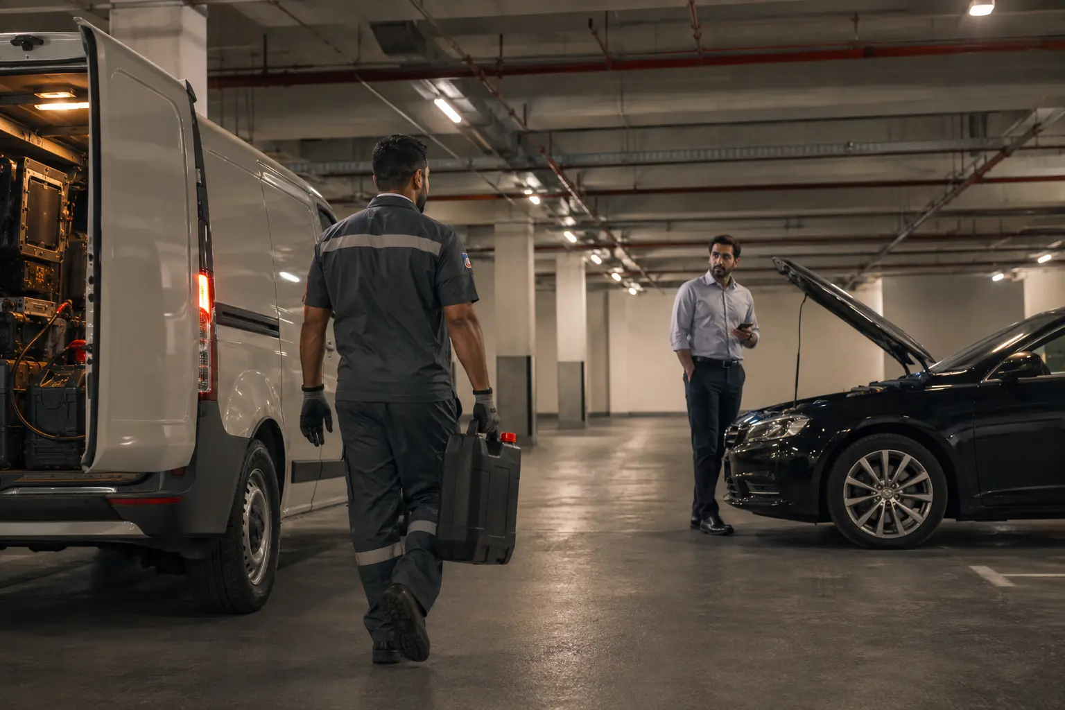 Fuel delivery technician arriving beside a stranded car in a Dubai basement parking area