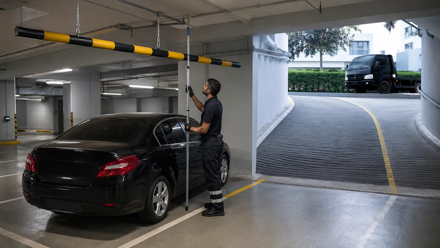 Technician measuring basement clearance before planning vehicle recovery