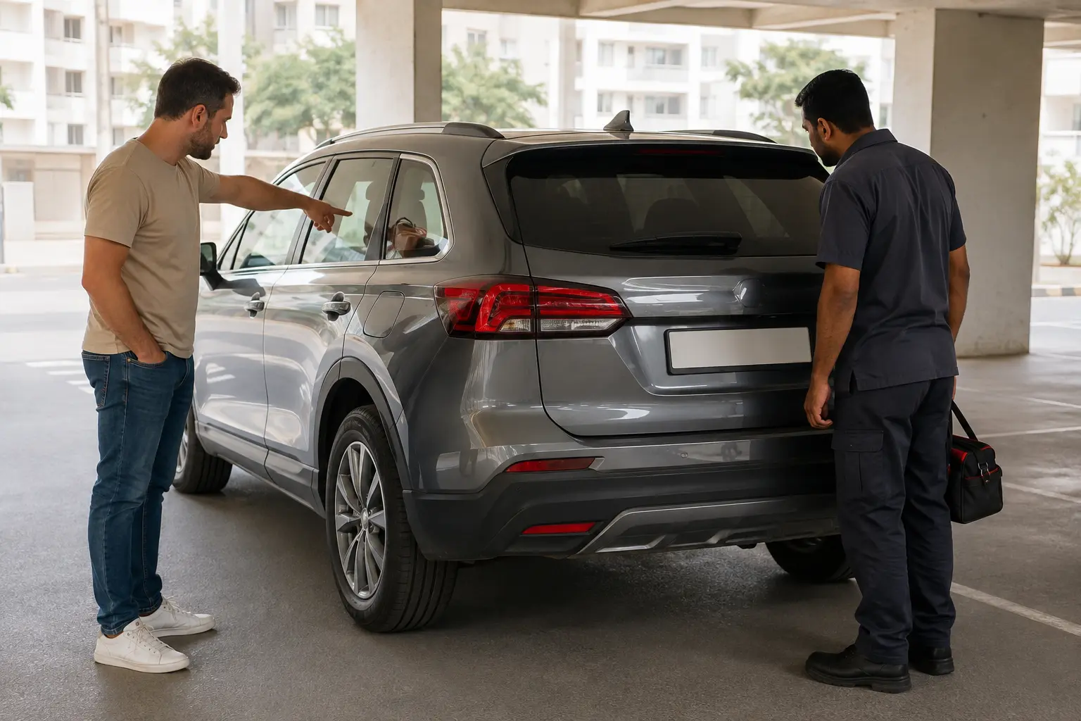 Technician assessing keys locked in an SUV cargo area in Dubai