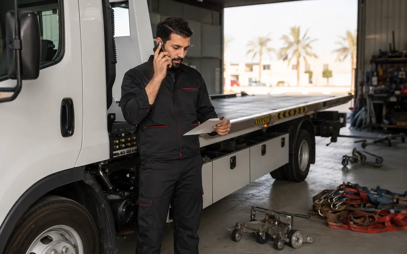 Car recovery operator taking a customer call beside a flatbed truck in Dubai