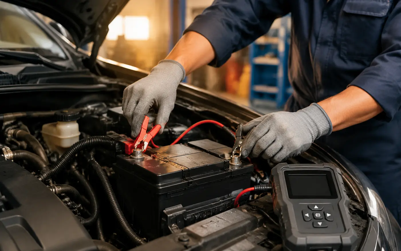 Technician connecting a battery analyzer to clean car battery terminals
