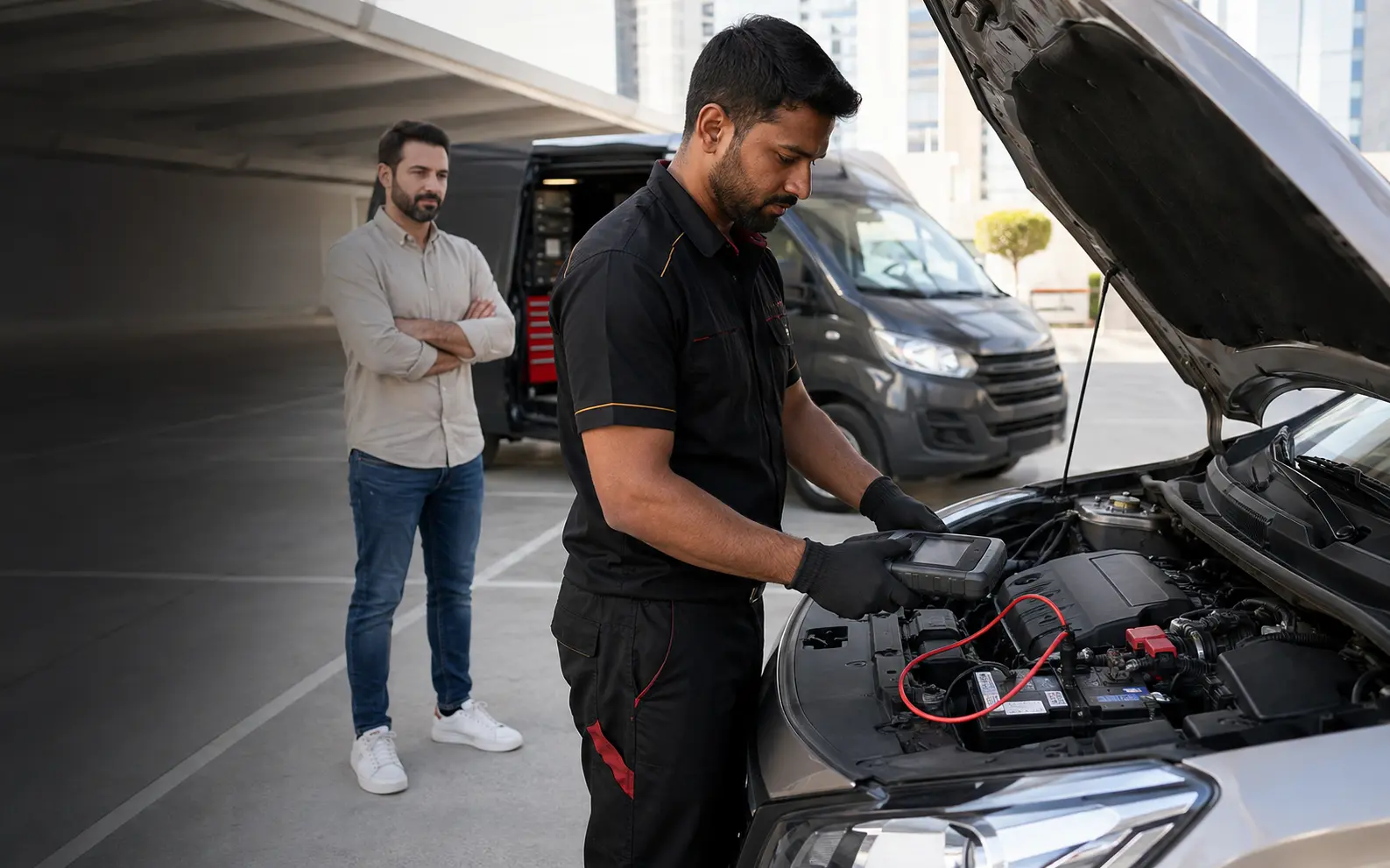 Mobile technician testing a car battery under the hood in a Dubai parking area