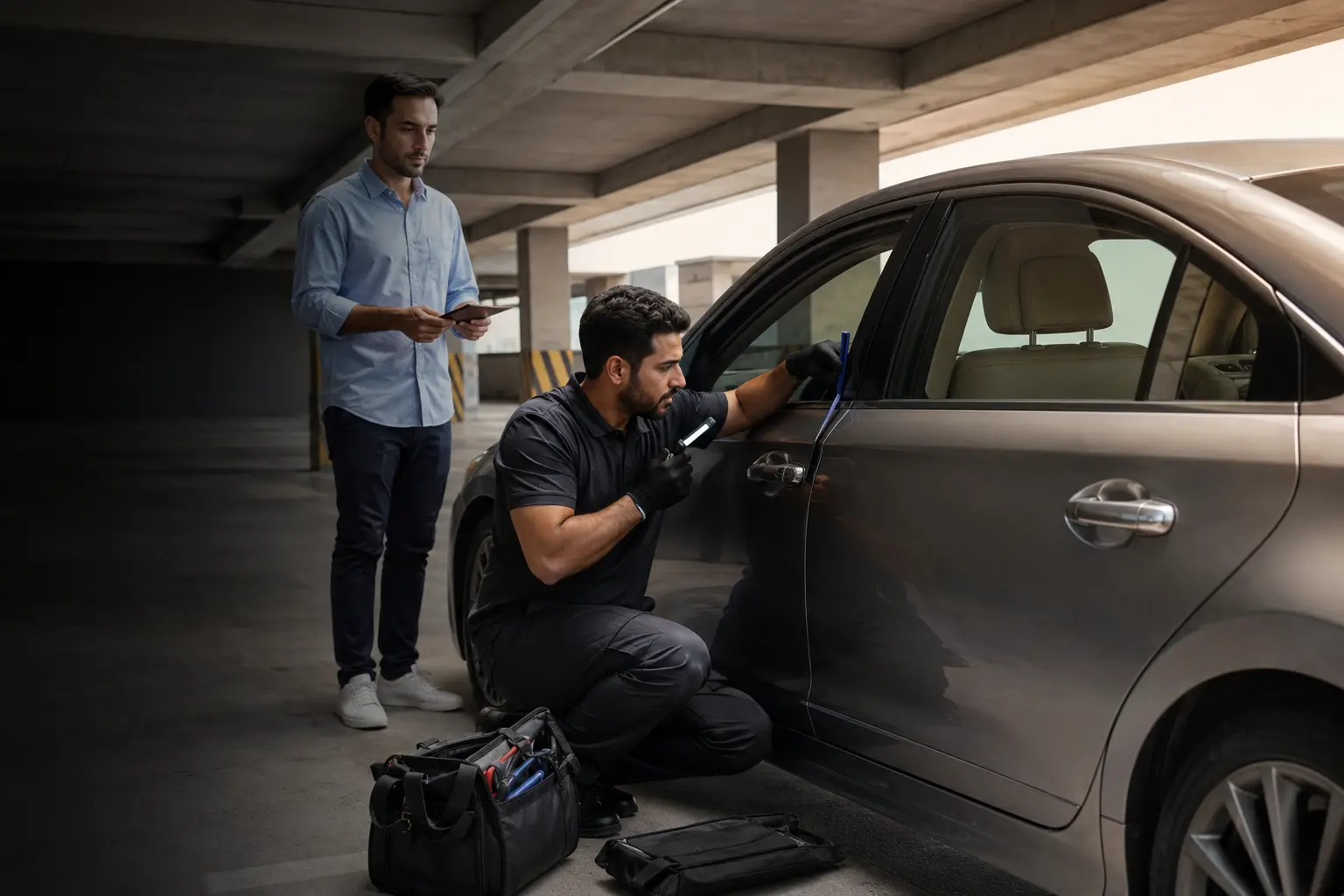 Technician assessing a locked sedan with the vehicle owner in a Dubai parking garage