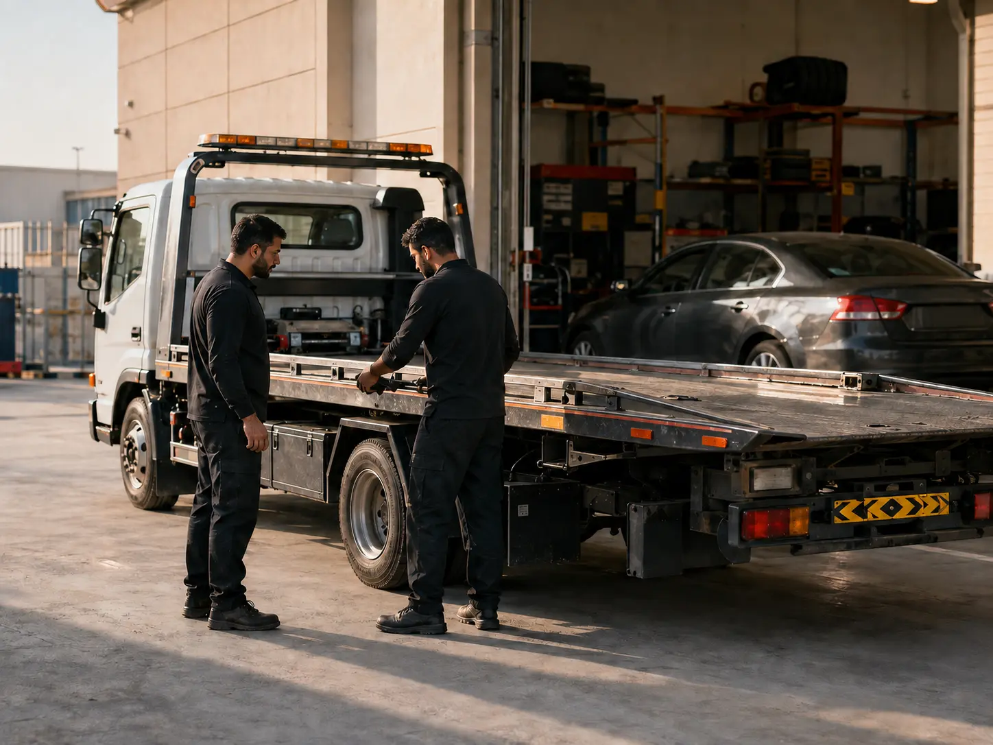 Recovery operators inspecting a flatbed truck in a Dubai workshop