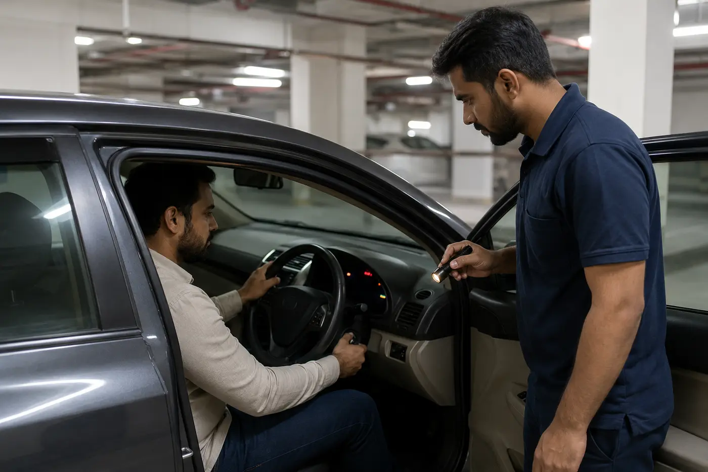 Driver demonstrating weak starting symptoms to a mobile battery technician