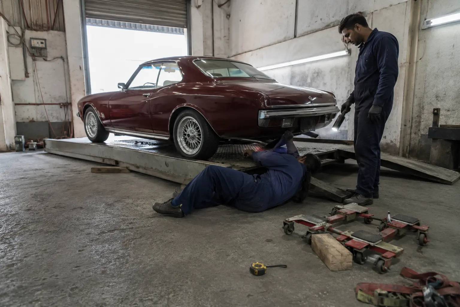 Technicians checking classic car underbody clearance before transport loading