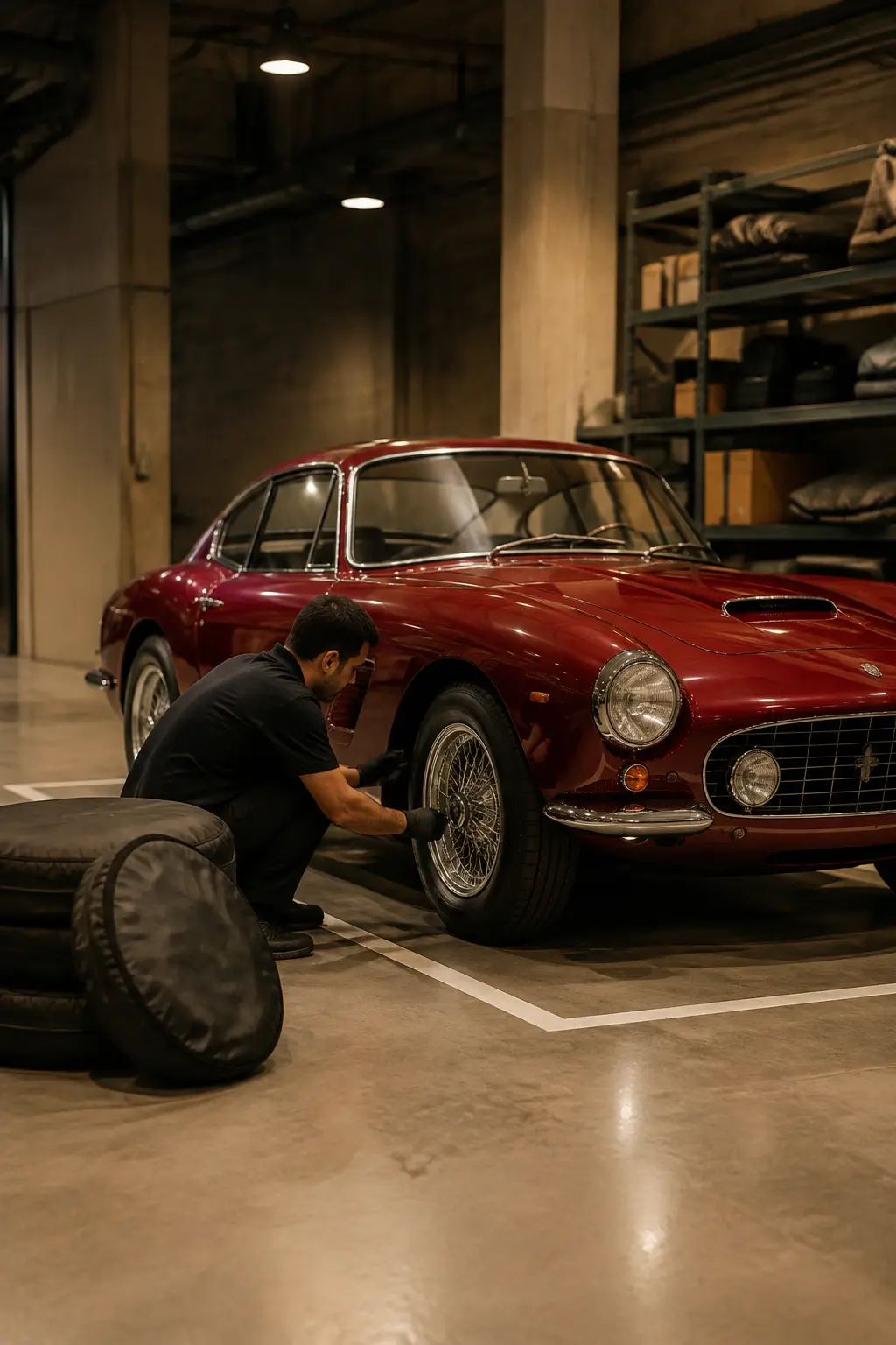 Technician checking a classic car tyre before long-term storage