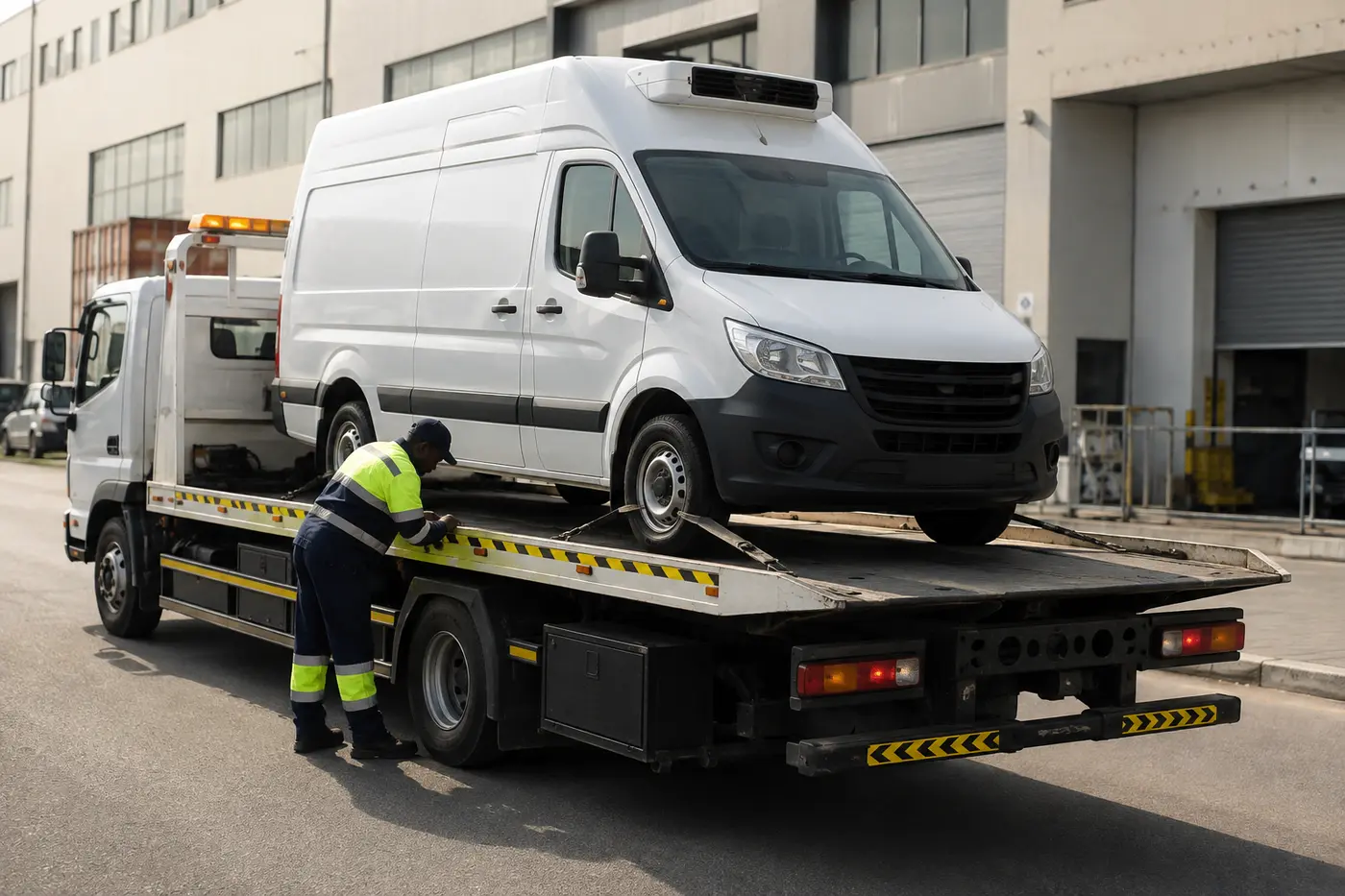 Commercial delivery van being recovered safely in Dubai