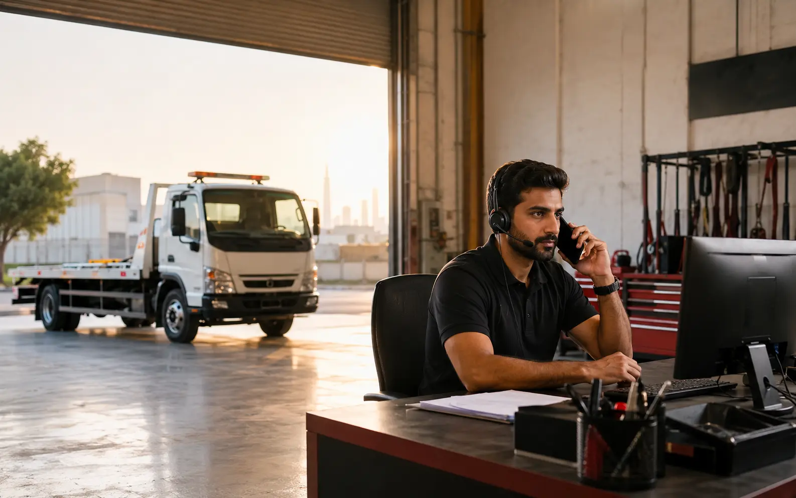 Car recovery dispatcher coordinating a roadside assistance request from an Al Quoz garage