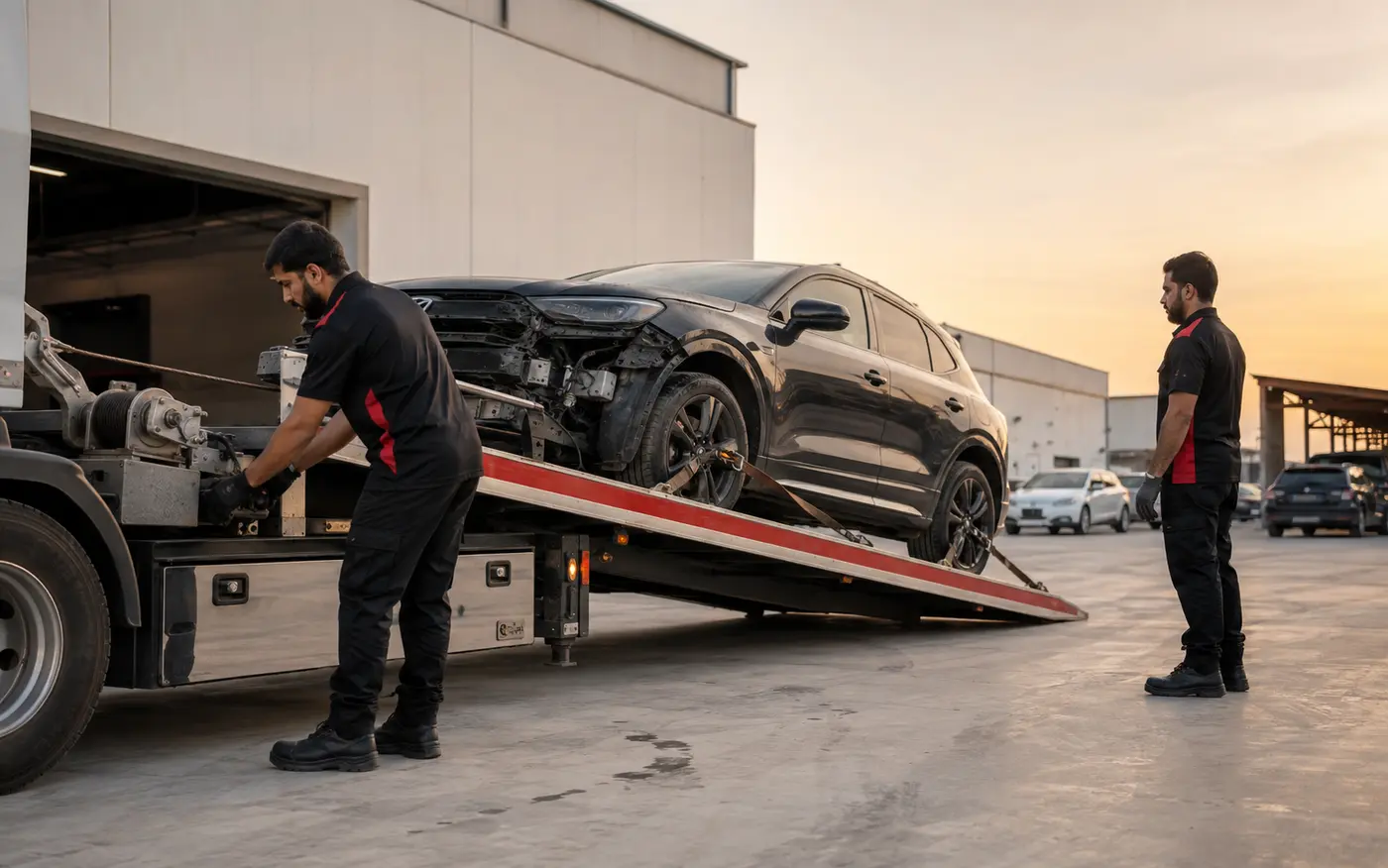 Technicians using controlled winching to load a damaged vehicle onto a flatbed