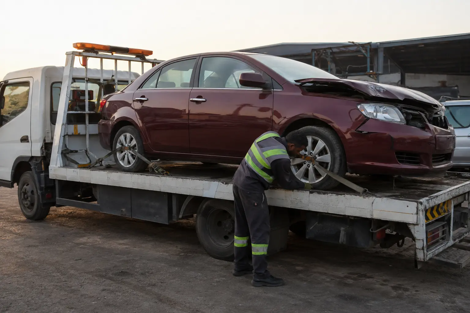 Damaged auction car secured on a flatbed while wheel straps are checked