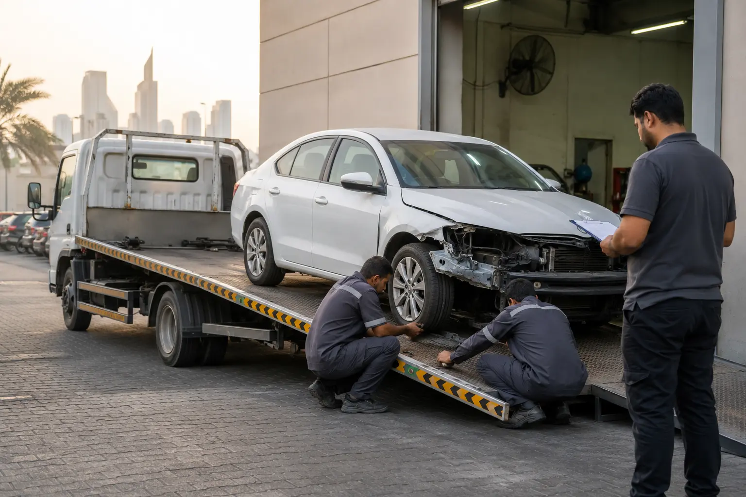 Recovery team hands a damaged vehicle over at an automotive workshop