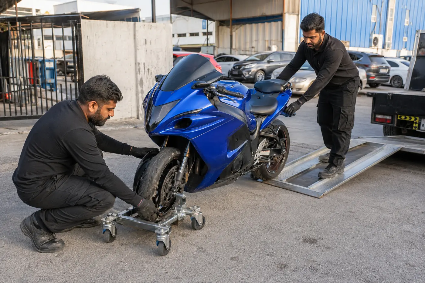 Controlled loading of a motorcycle with a damaged front wheel