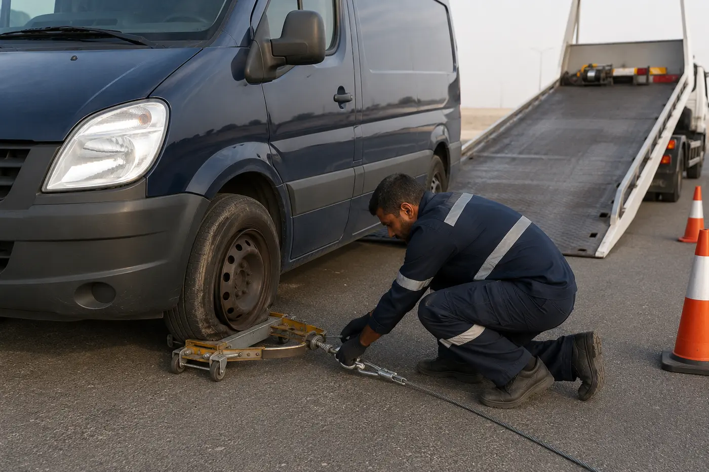 Winch recovery setup for a van with a damaged wheel