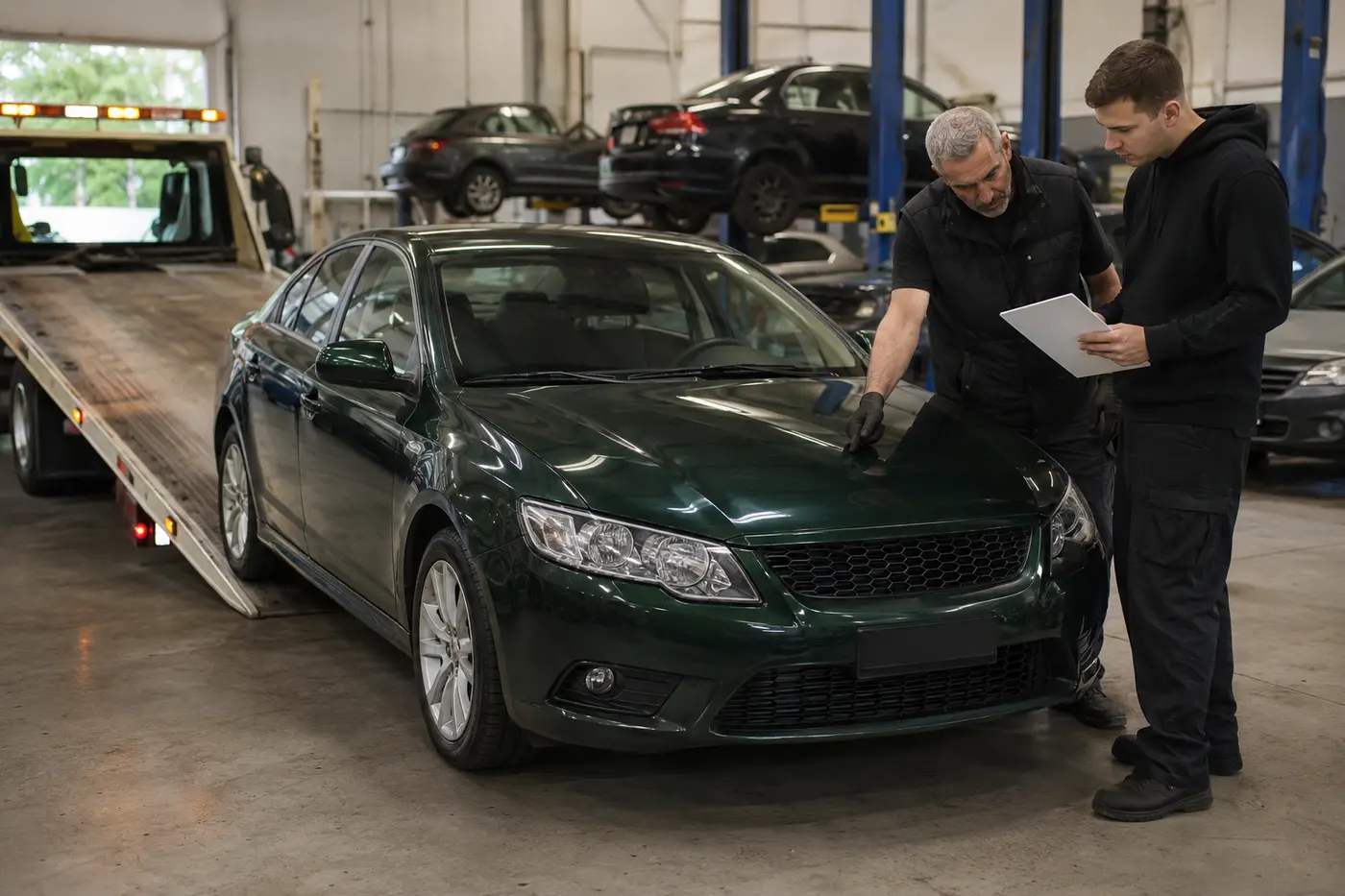 Receiver checking a vehicle during destination handover in a workshop
