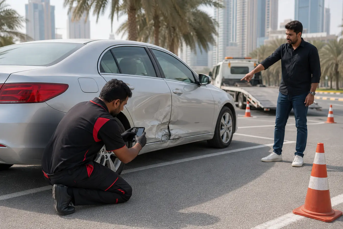 Recovery technician photographing visible wheel and body damage before vehicle movement