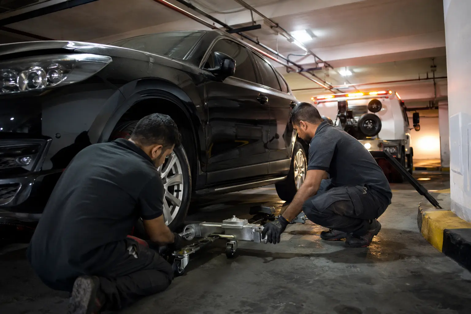 Technicians positioning wheel skates for basement vehicle recovery in Dubai