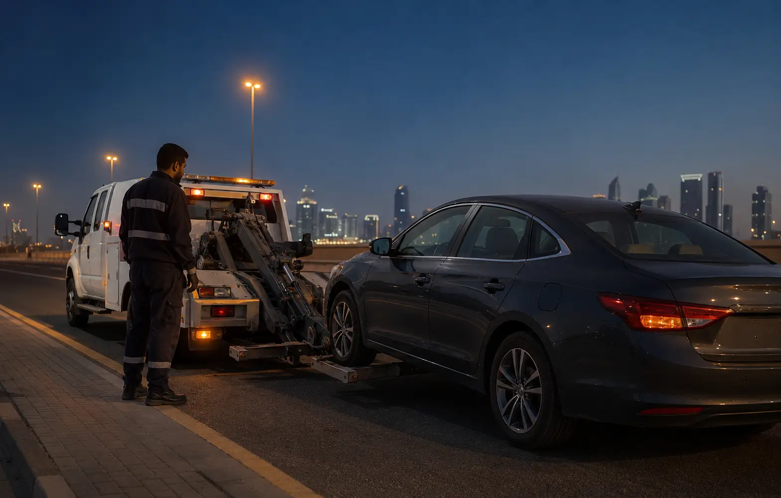 ونش يسحب سيارة متعطلة بأمان على طريق في دبي مساءً