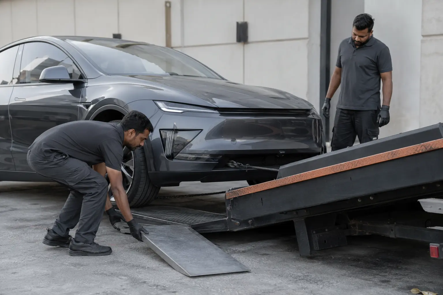 Technicians positioning a low-profile ramp extension for flatbed loading in Dubai