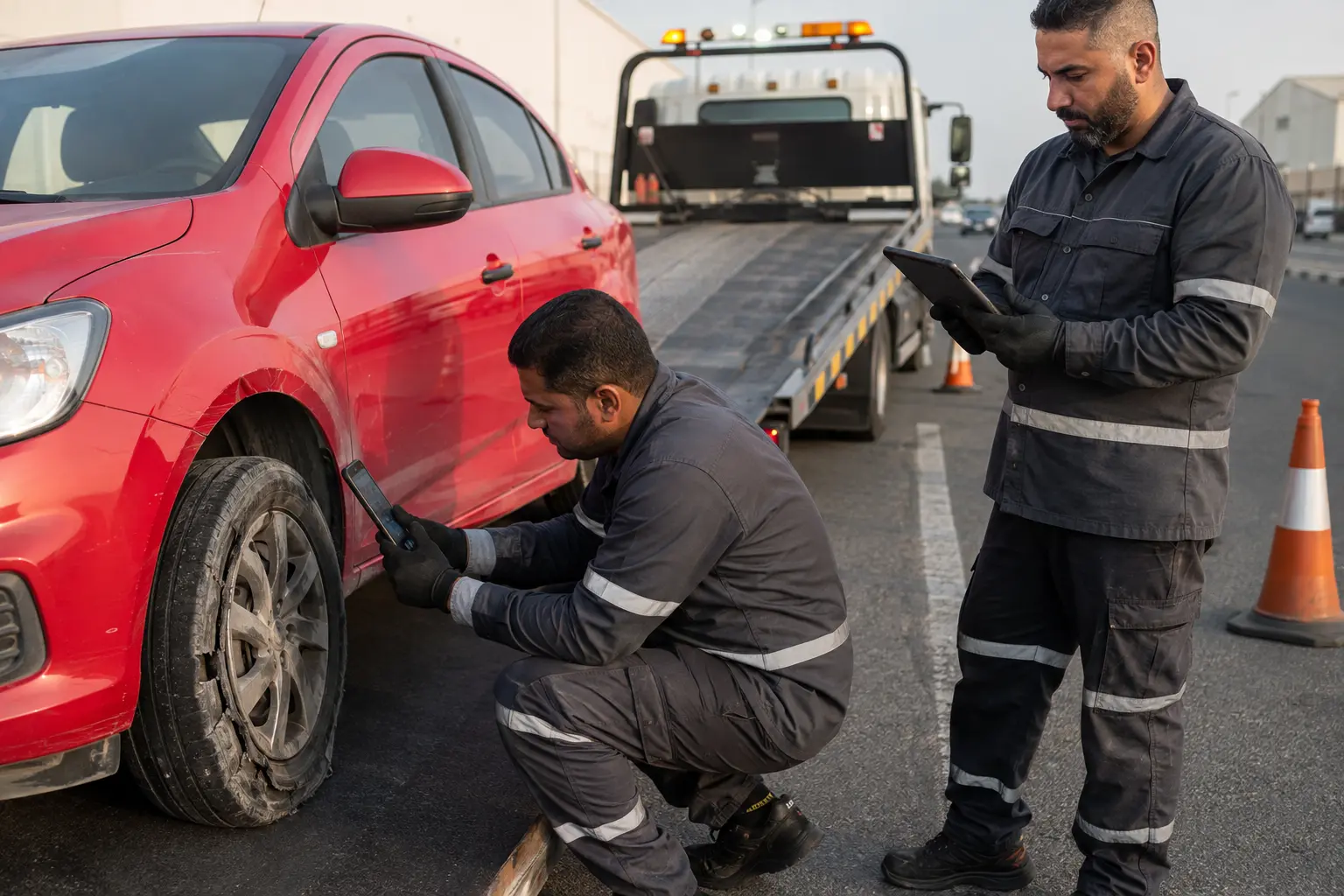 Towing team documenting tyre damage before vehicle loading in Dubai