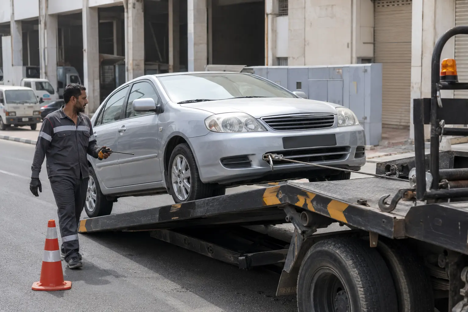 Recovery operator guiding a disabled car onto a flatbed with a winch in Dubai