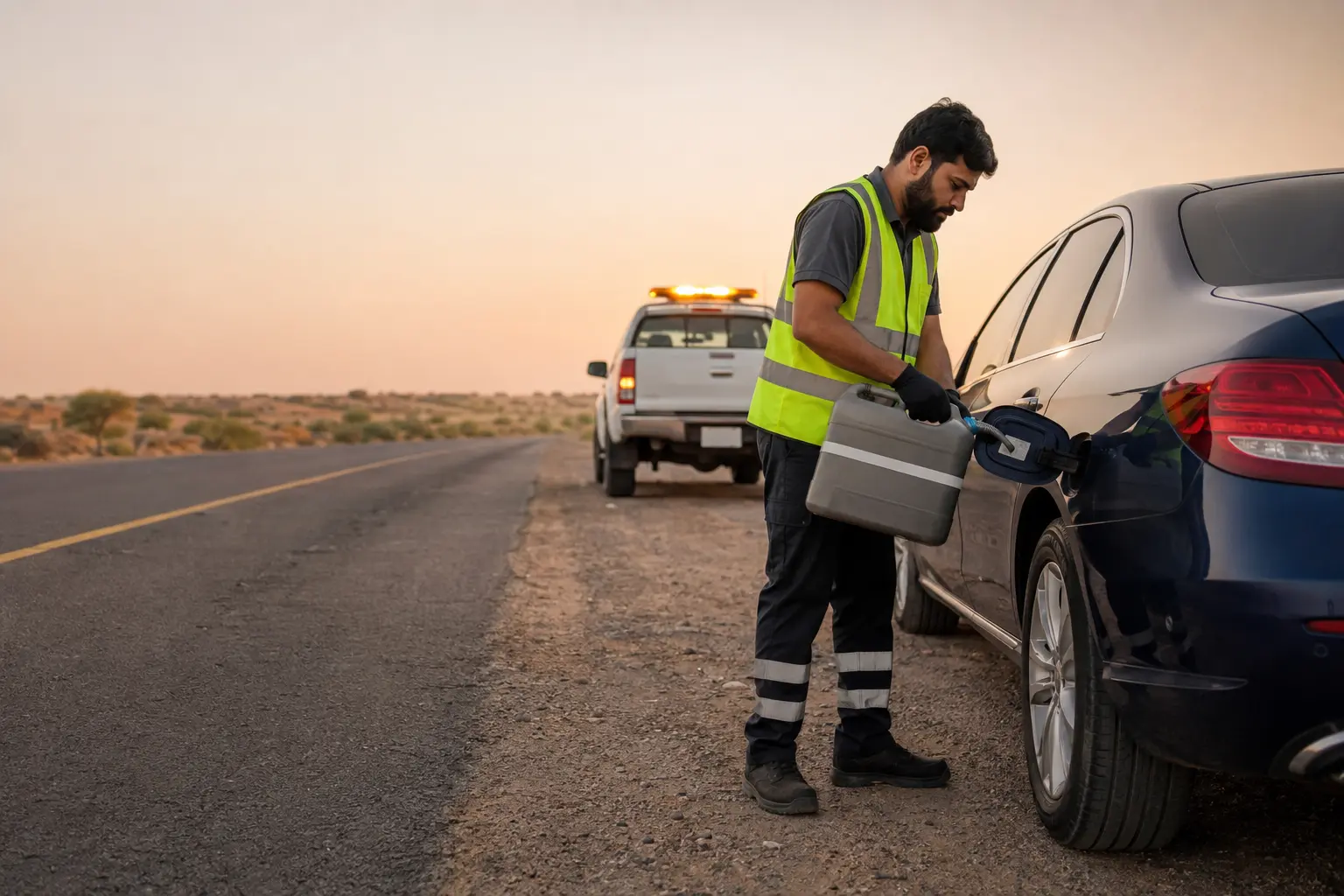 Technician arriving with approved fuel beside a stranded car on a safe Dubai roadside