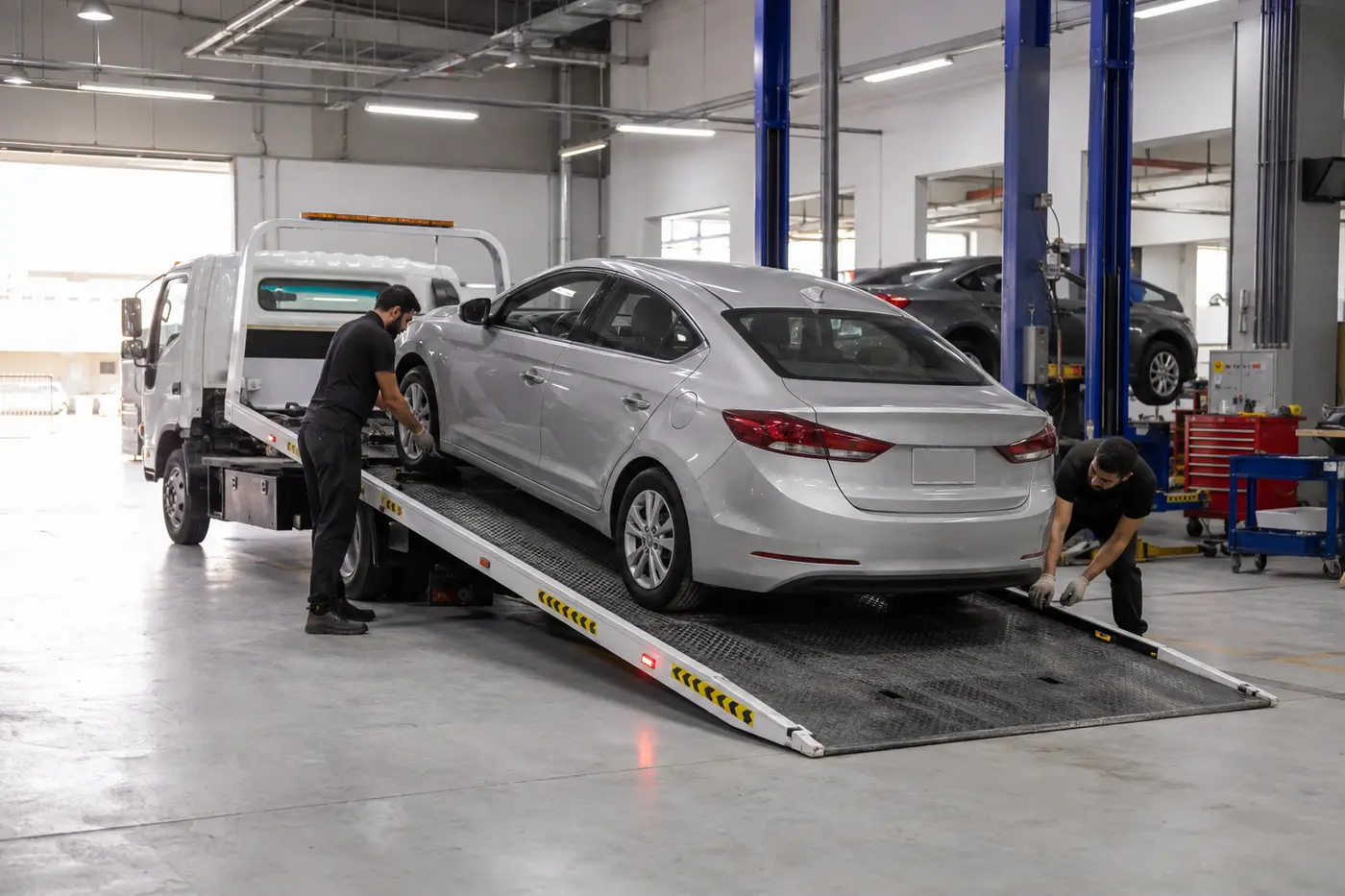 Flatbed tow truck loading a sedan inside a Dubai recovery garage