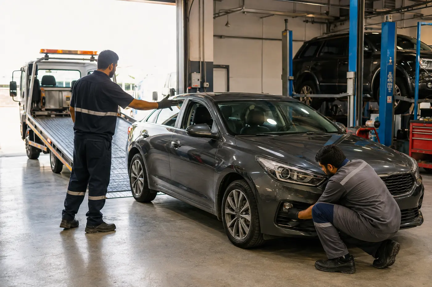 Vehicle handover after flatbed delivery inside a Dubai workshop