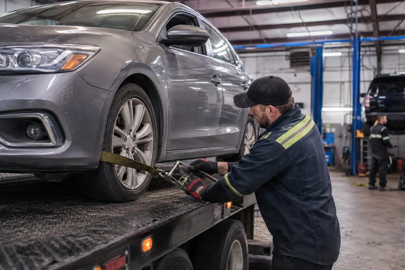 Technician securing a sedan wheel on a flatbed in a recovery workshop