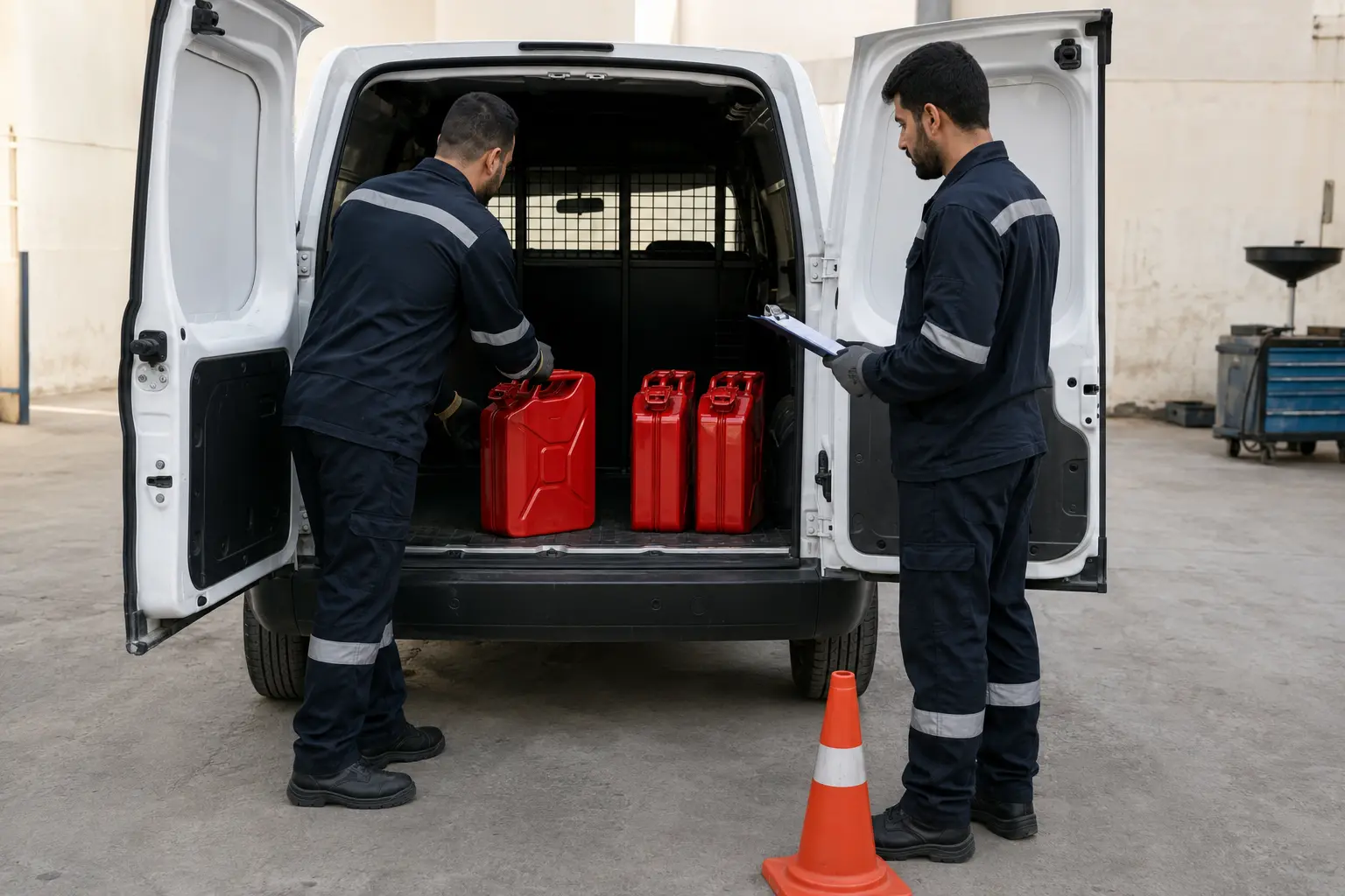 Roadside assistance team preparing sealed fuel containers for a Dubai dispatch