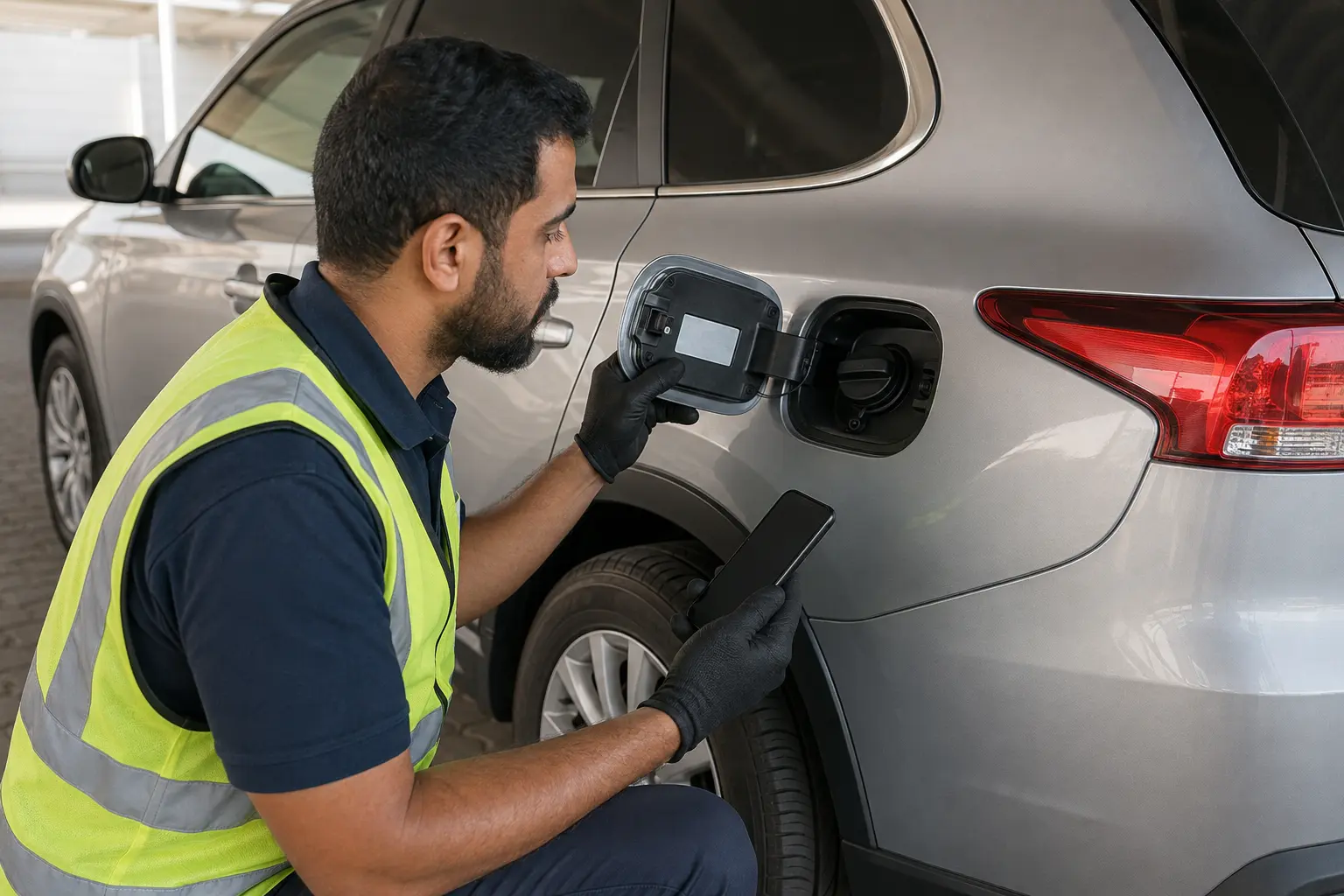 Technician checking the fuel information at a vehicle fuel door before delivery